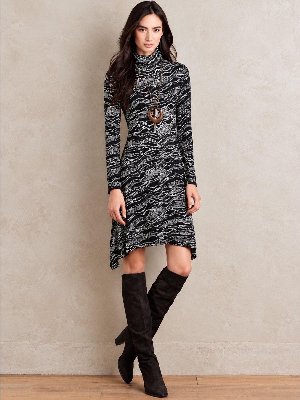 Anthropologie Maeve Boho Graphic Print Turtle Neck Stretch Swing Dress Size S